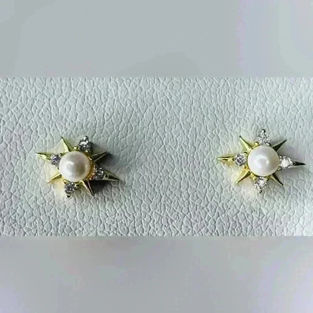 GOLD & STERLING SILVER STAR EARRINGS CENTER PEARL